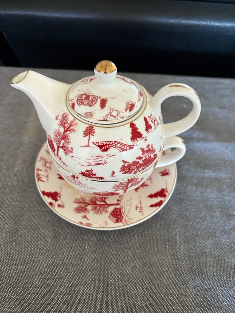 Red Toile Teapot with Cup and Saucer Set